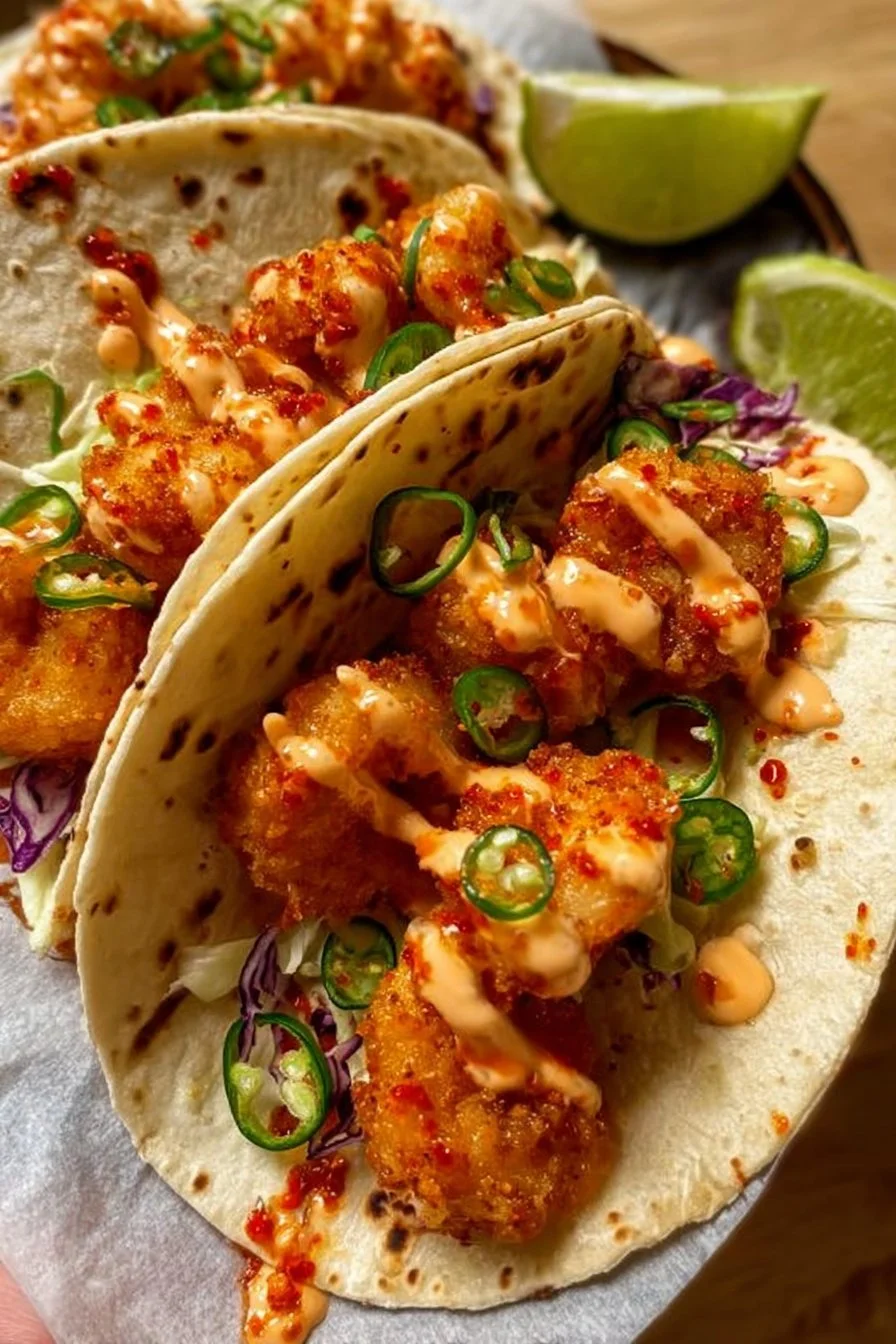Delicious Air Fryer Bang Bang Shrimp Tacos with spicy sauce in a taco shell