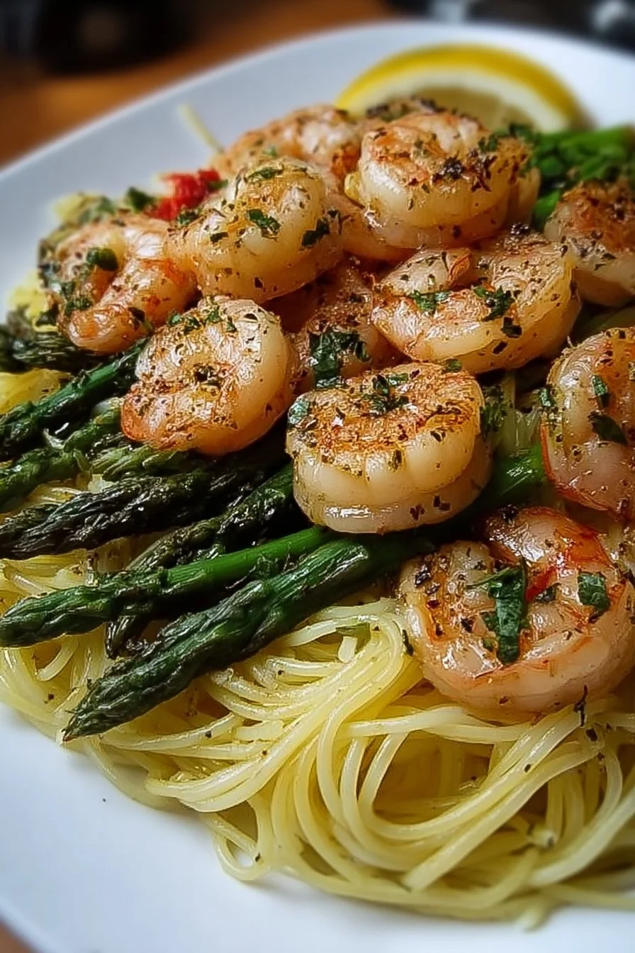 Asparagus shrimp angel hair pasta dish garnished with fresh herbs