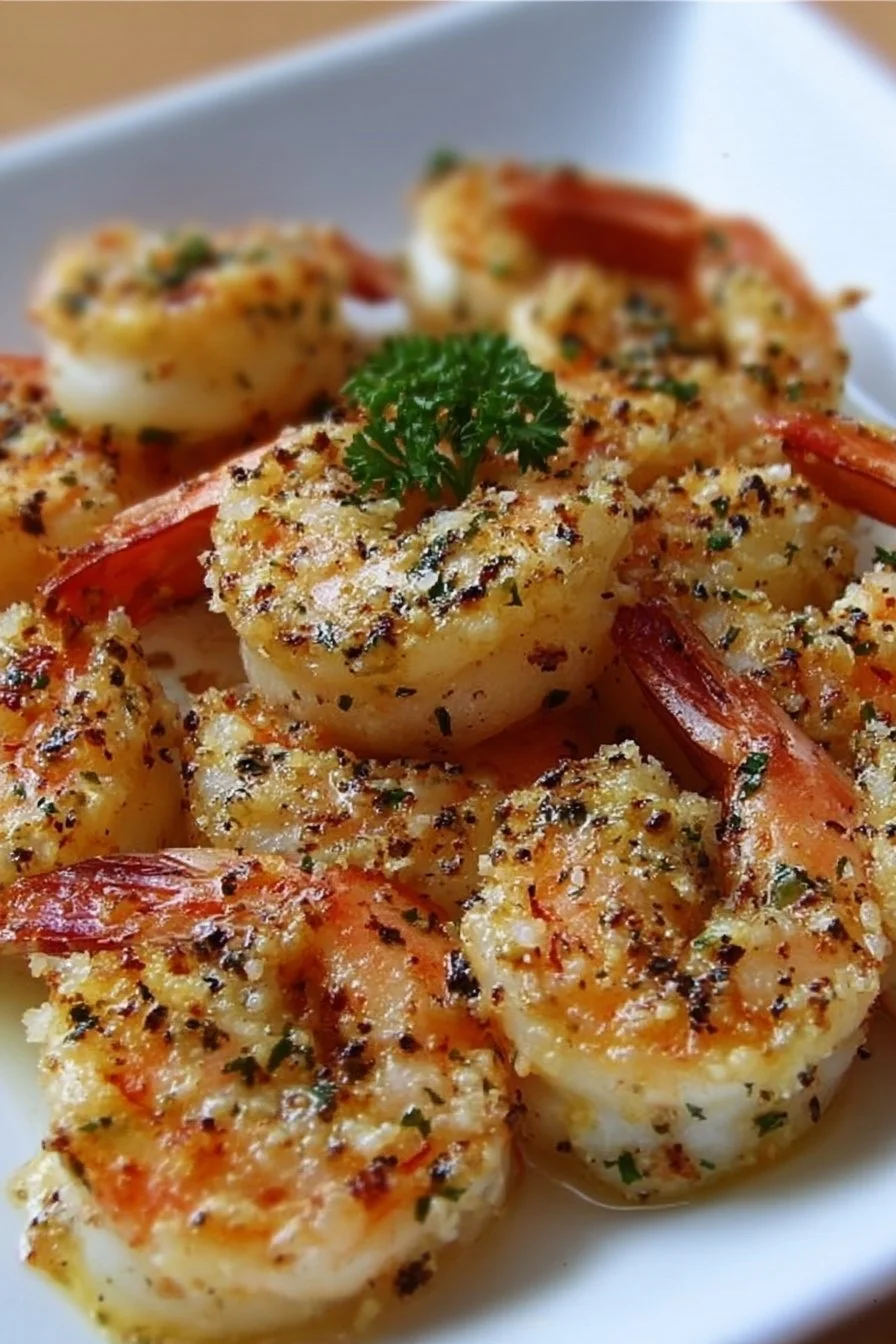 Baked Garlic Parmesan Shrimp 2 Baked Garlic Parmesan Shrimp served with parsley garnish on a plate