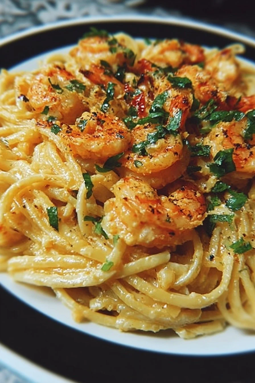 Bang Bang Shrimp Pasta with creamy sauce and garnished with green onions