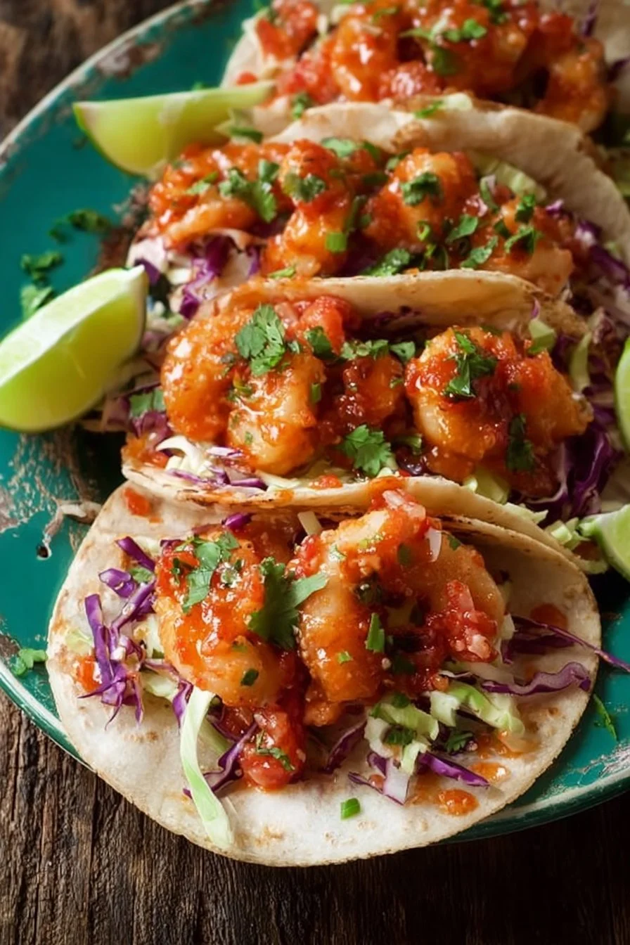 Plate of Bang Bang Shrimp Tacos topped with fresh ingredients