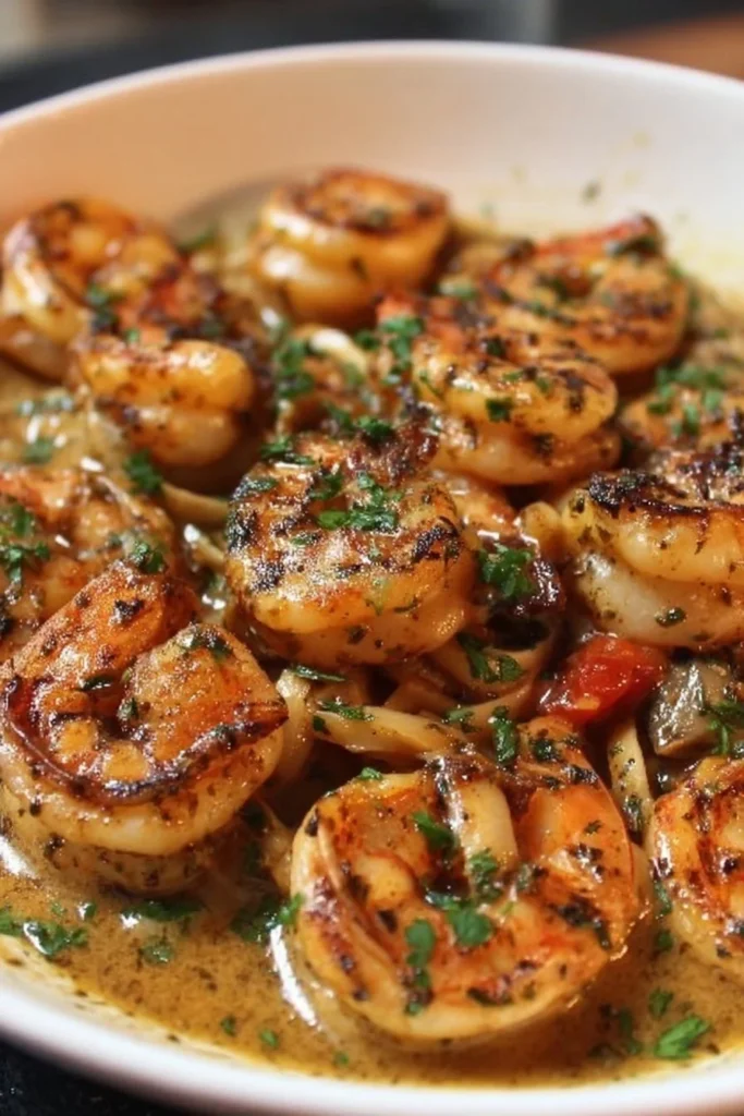 Delicious Blackened Shrimp Stroganoff served with creamy sauce and pasta