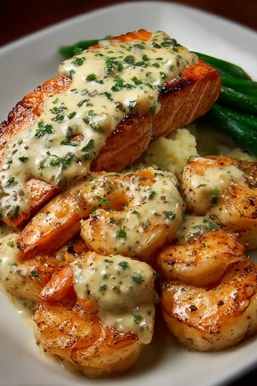 Cajun Shrimp and Salmon with Garlic Cream Sauce 2 Cajun shrimp and salmon garnished with garlic cream sauce on a plate