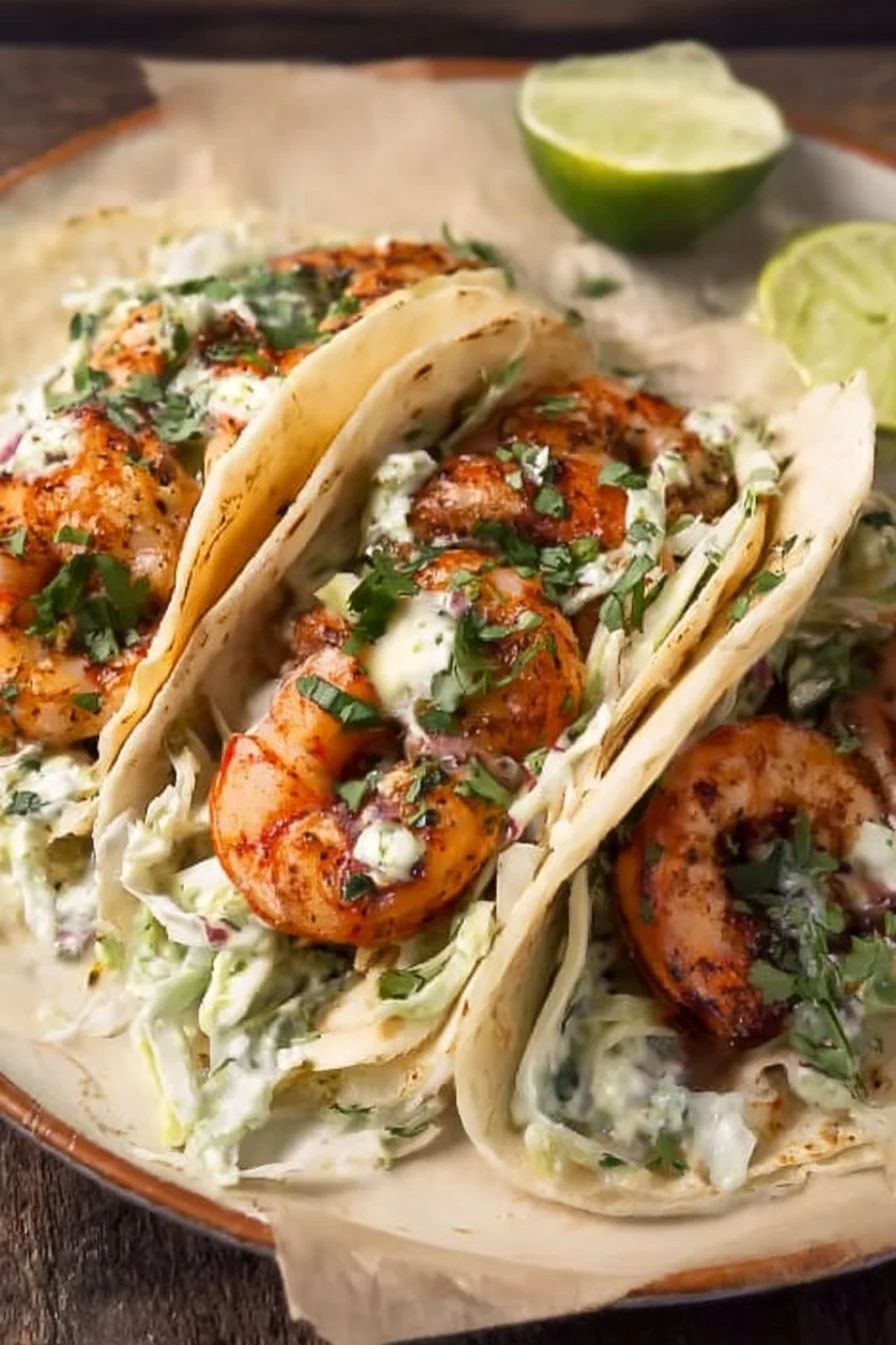 Cilantro Lime Shrimp Tacos with Creamy Slaw 2 Cilantro Lime Shrimp Tacos with Creamy Slaw on a plate