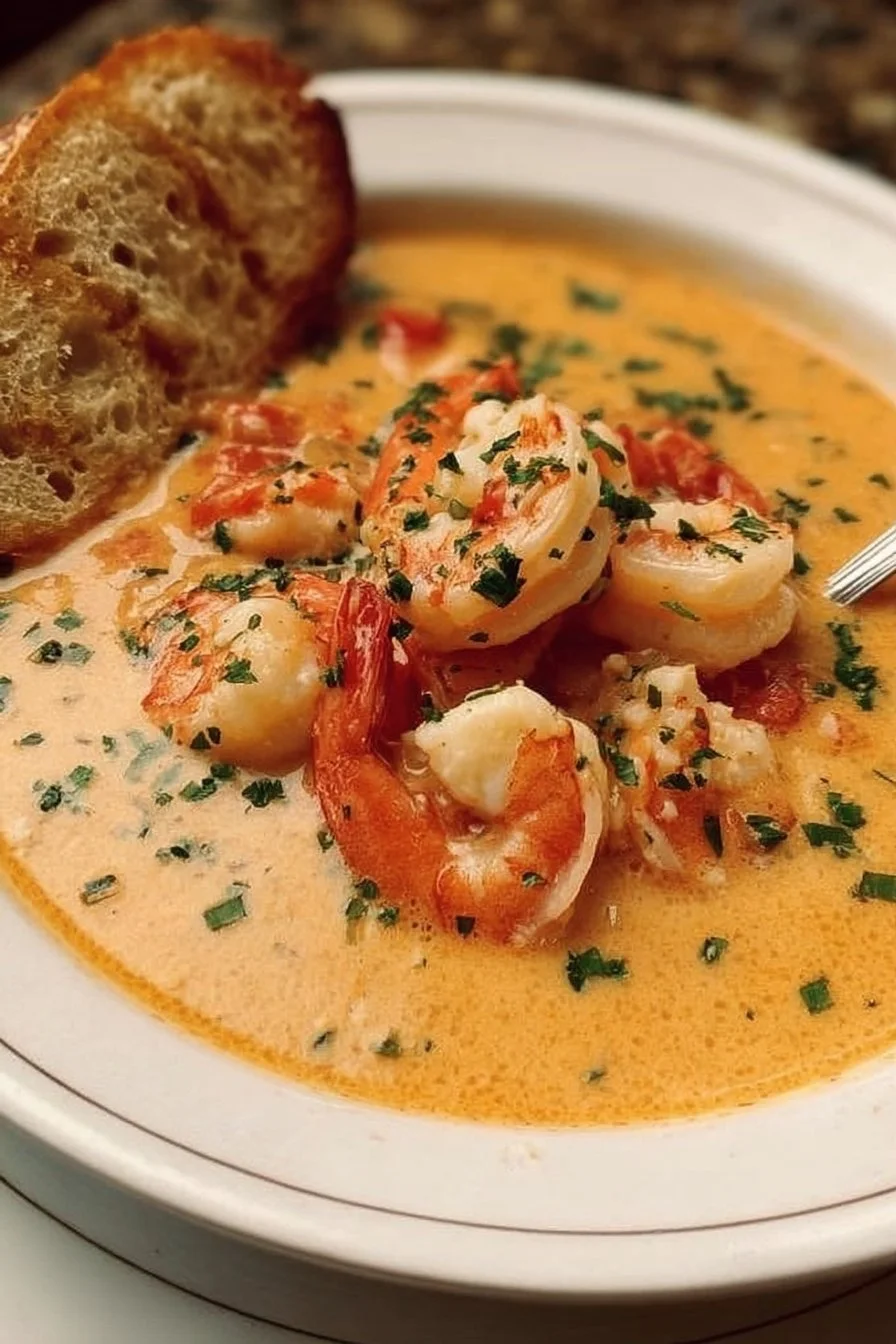 A bowl of rich crab and shrimp seafood bisque garnished with herbs