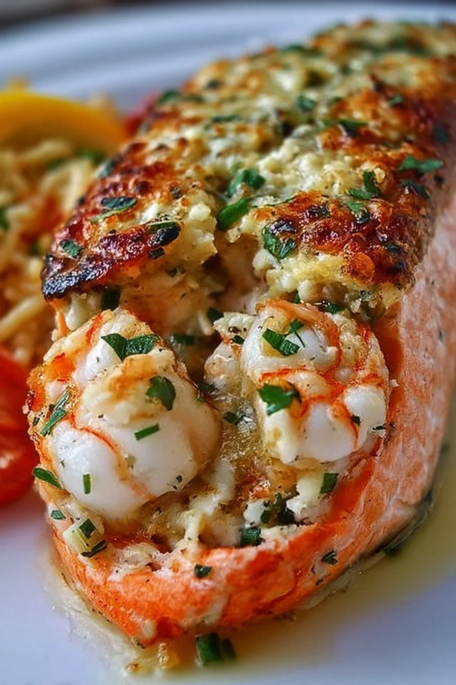Crab and shrimp stuffed salmon garnished with fresh herbs