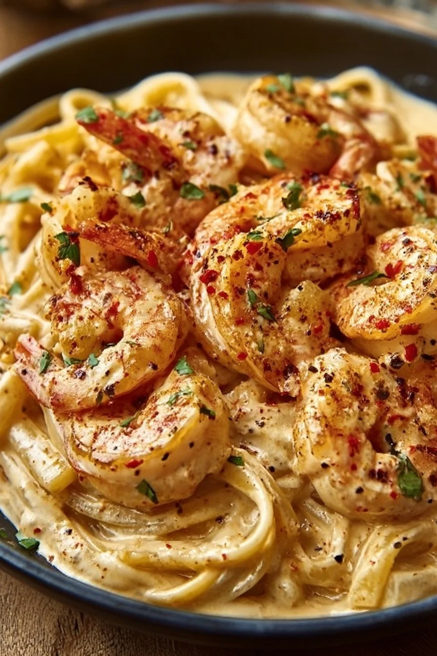 Creamy Cajun shrimp pasta with spices and herbs served in a bowl