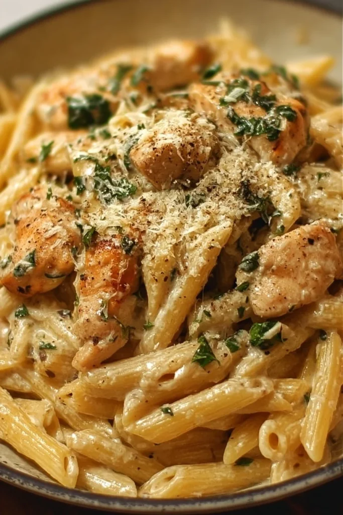 Creamy Garlic Parmesan Chicken Pasta served in a bowl with herbs