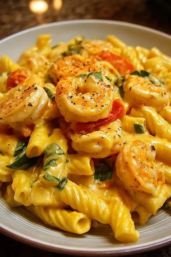 Creamy Jamaican Shrimp Rasta Pasta garnished with fresh herbs and colorful peppers.
