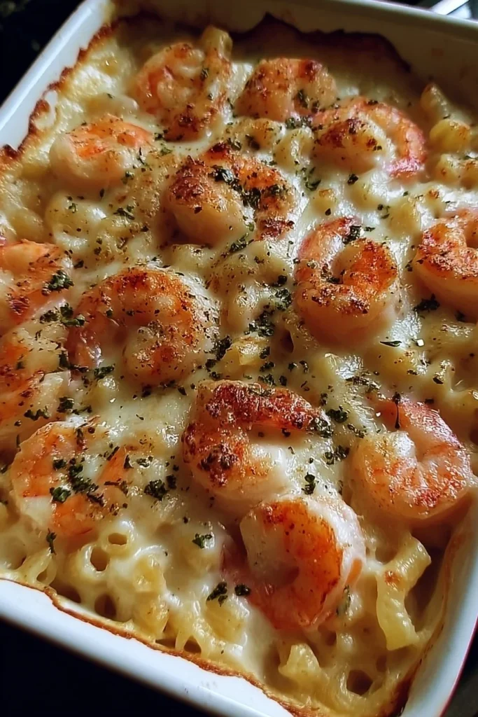 Creamy shrimp scampi pasta bake topped with cheese and herbs