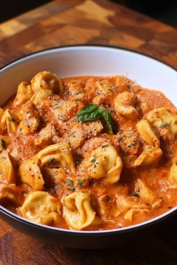 CrockPot Chicken Tortellini served in a bowl with herbs and parmesan cheese