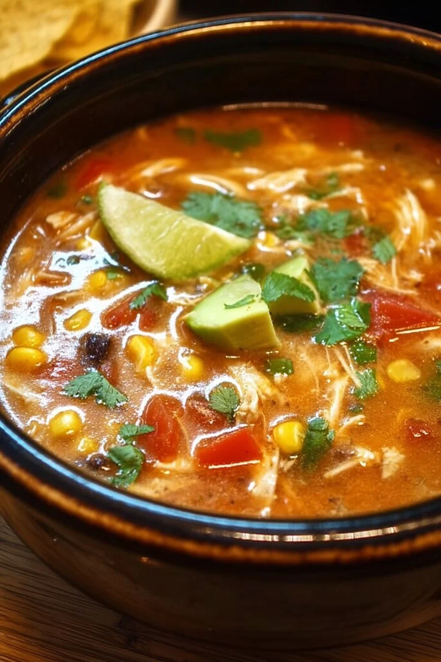 Bowl of Crockpot Chicken Tortilla Soup garnished with tortilla strips and cilantro