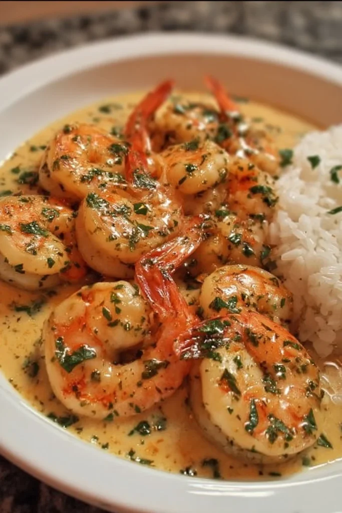 Plate of easy creamy garlic shrimp served with herbs and spices