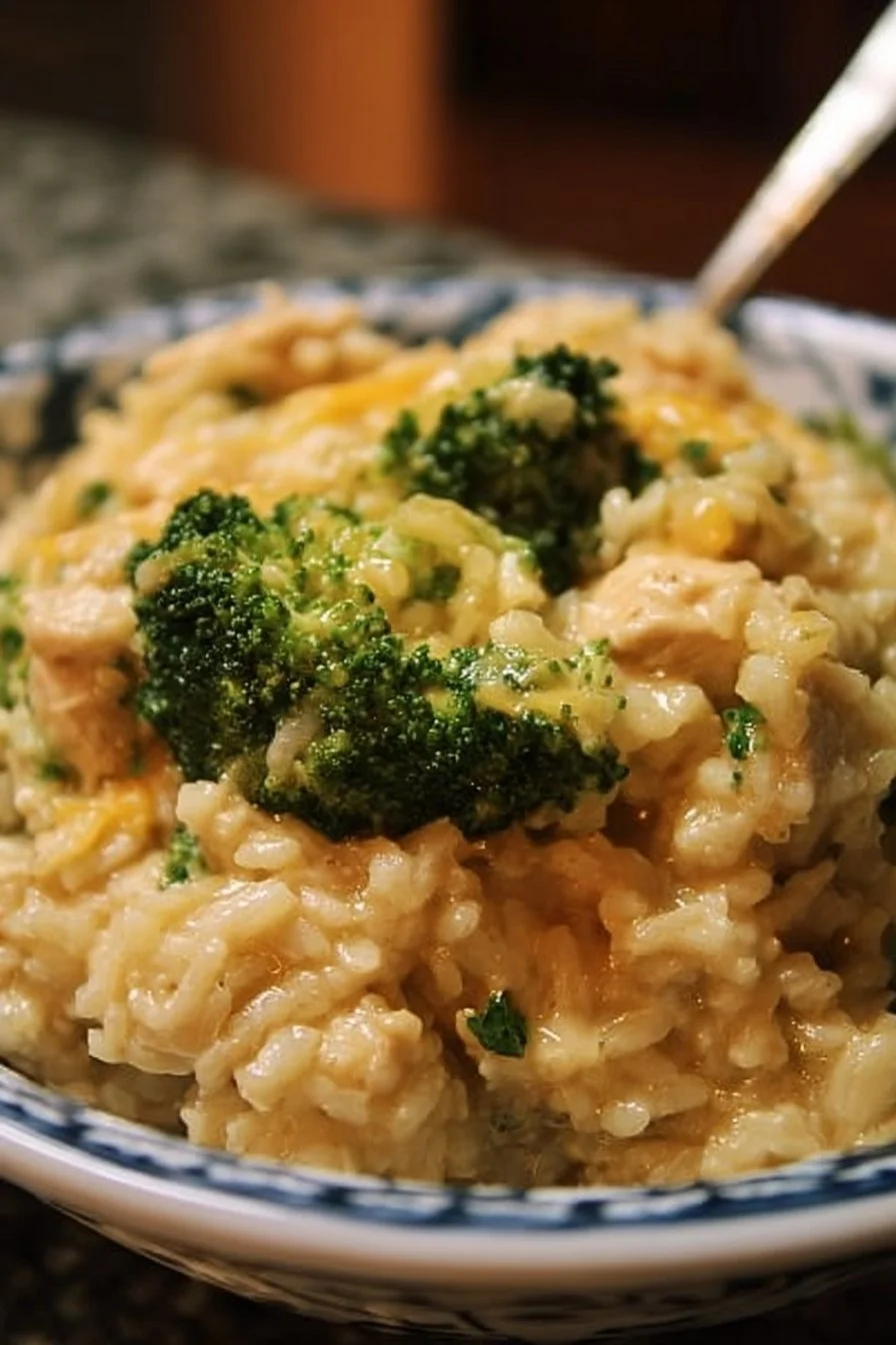 Crockpot cheesy chicken broccoli rice dish ready to serve