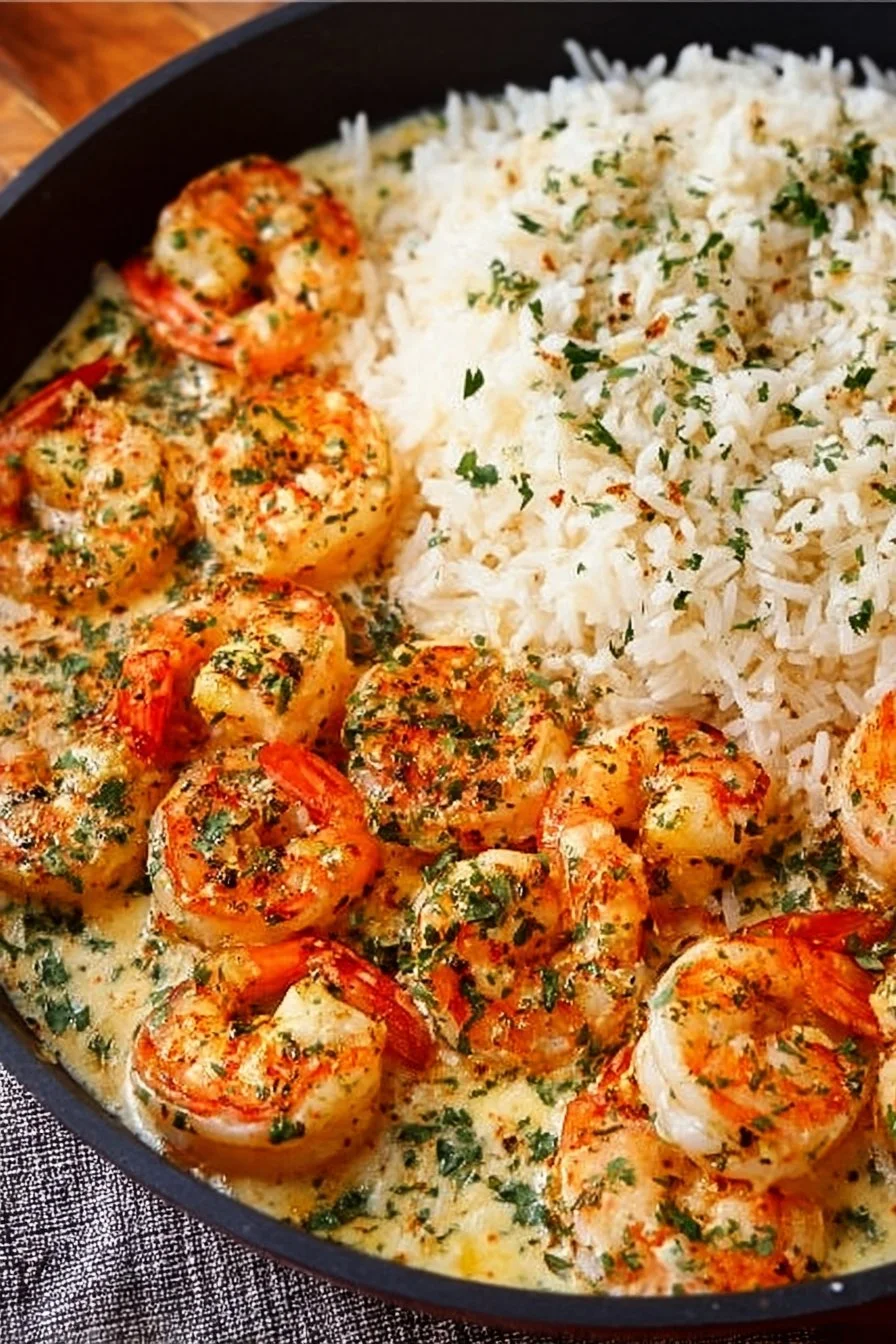 Plate of creamy garlic butter shrimp served over rice.