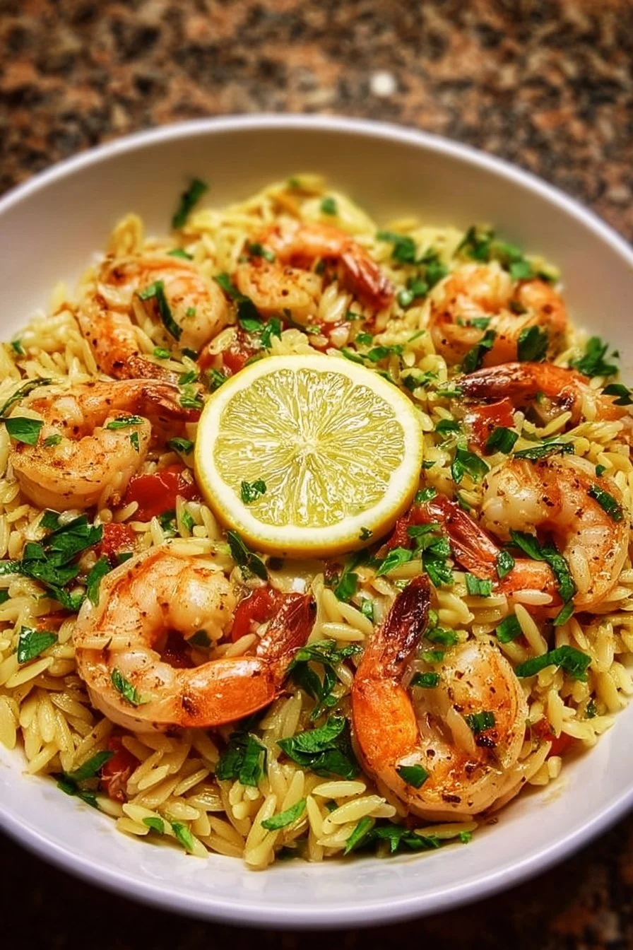 Easy Shrimp Orzo in Lemon Garlic Sauce 2 Easy shrimp orzo with lemon garlic sauce on a plate