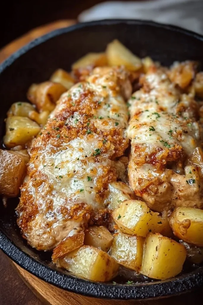 Garlic Parmesan Chicken served with roasted potatoes in a delicious dish