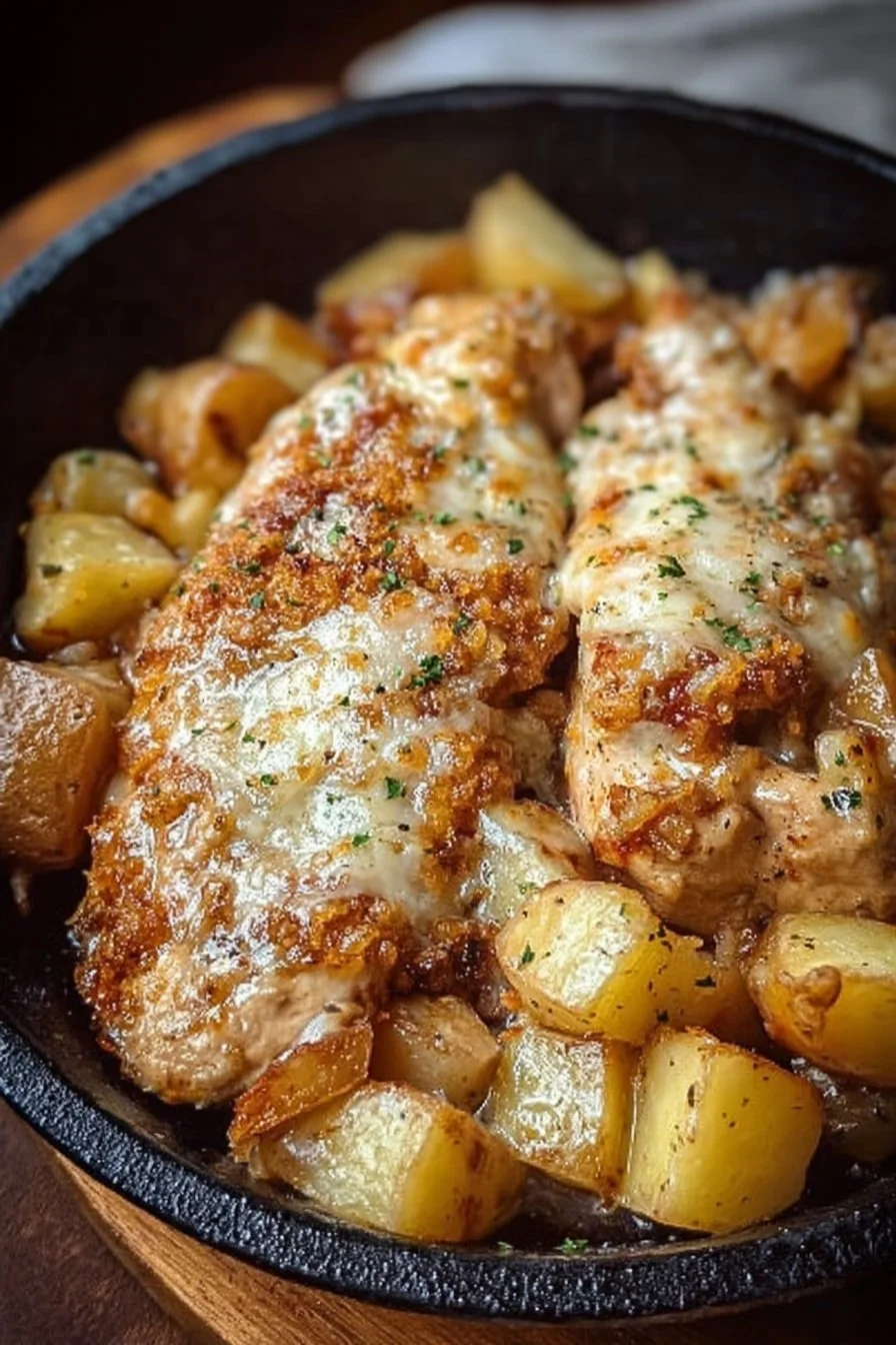 Garlic Parmesan Chicken served with roasted potatoes in a delicious dish