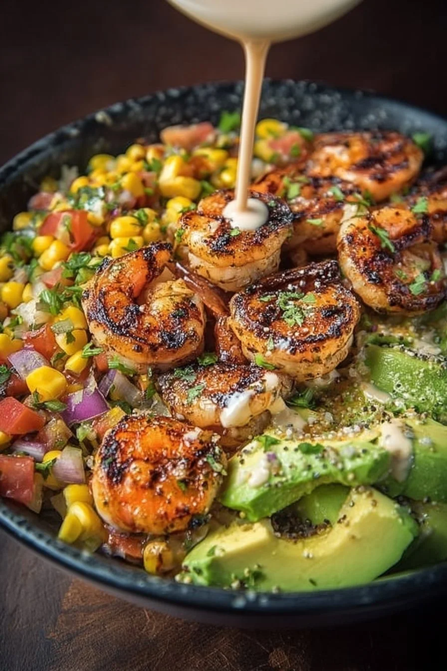 Grilled shrimp bowl with avocado and corn salsa on a wooden table