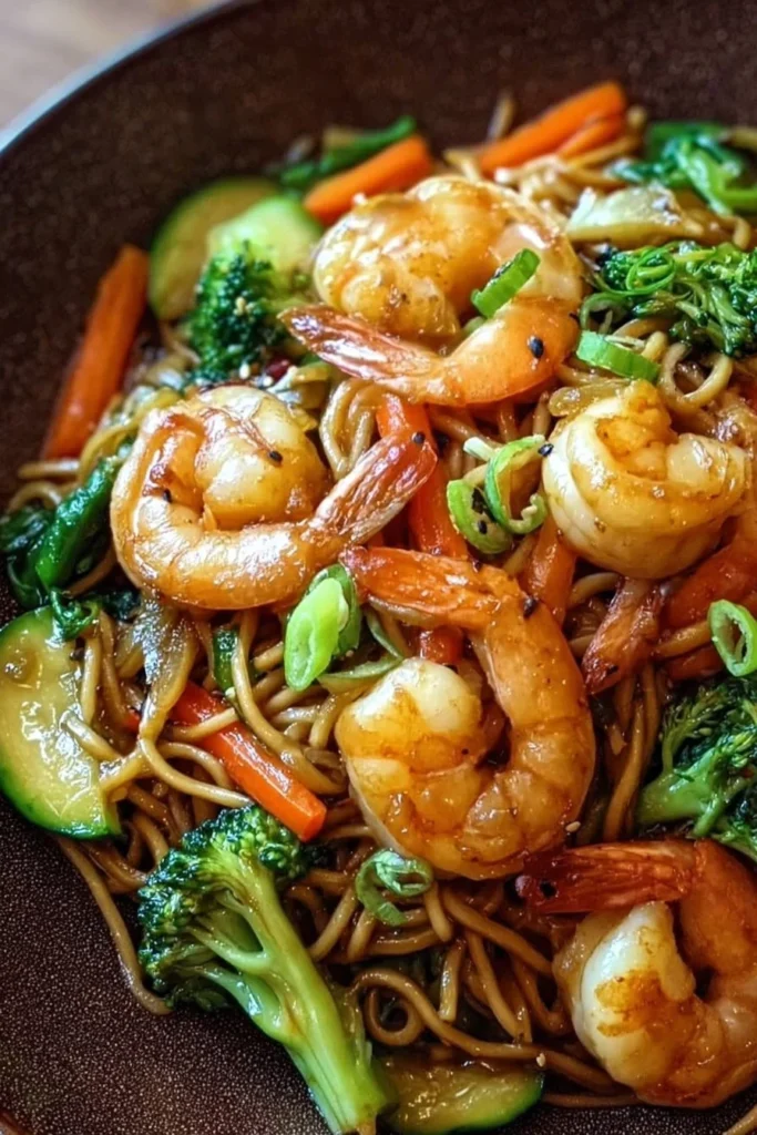 One-pan shrimp stir fry with noodles and colorful vegetables