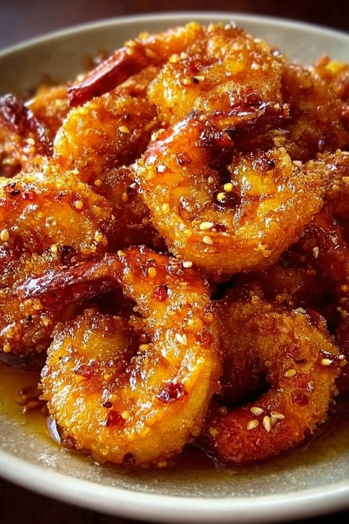 Crispy hot honey fried shrimp drizzled with spicy-sweet glaze on a plate.