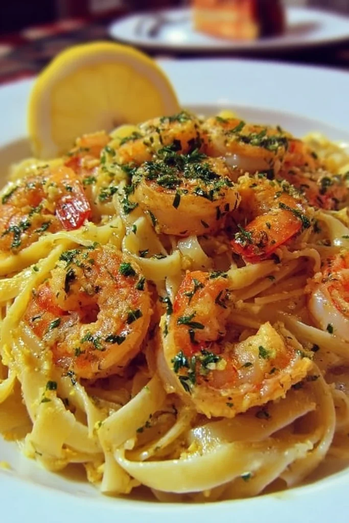 Delicious Lemon Butter Shrimp Pasta garnished with parsley