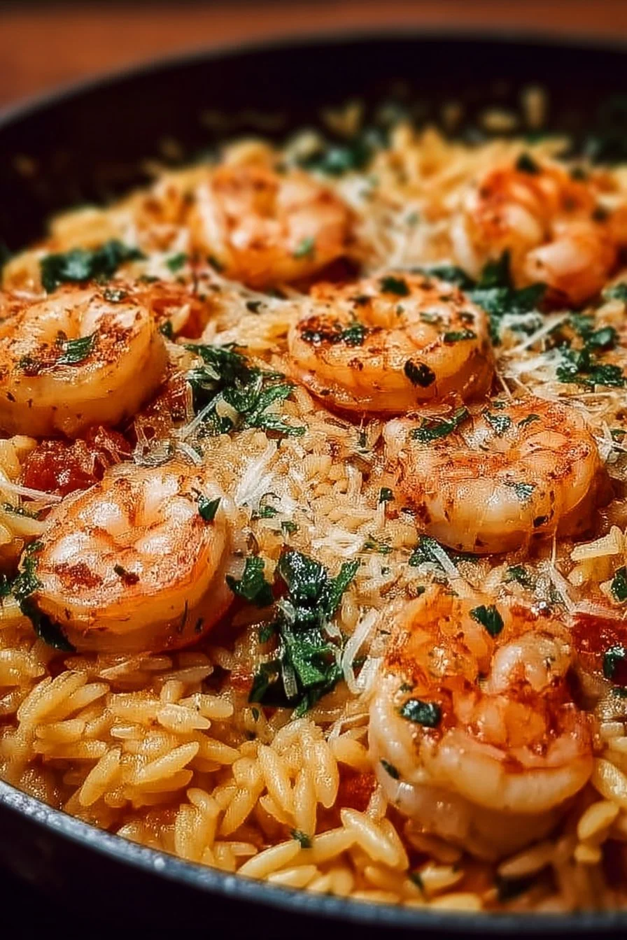 One Pan Parmesan Orzo with Shrimp in a serving dish