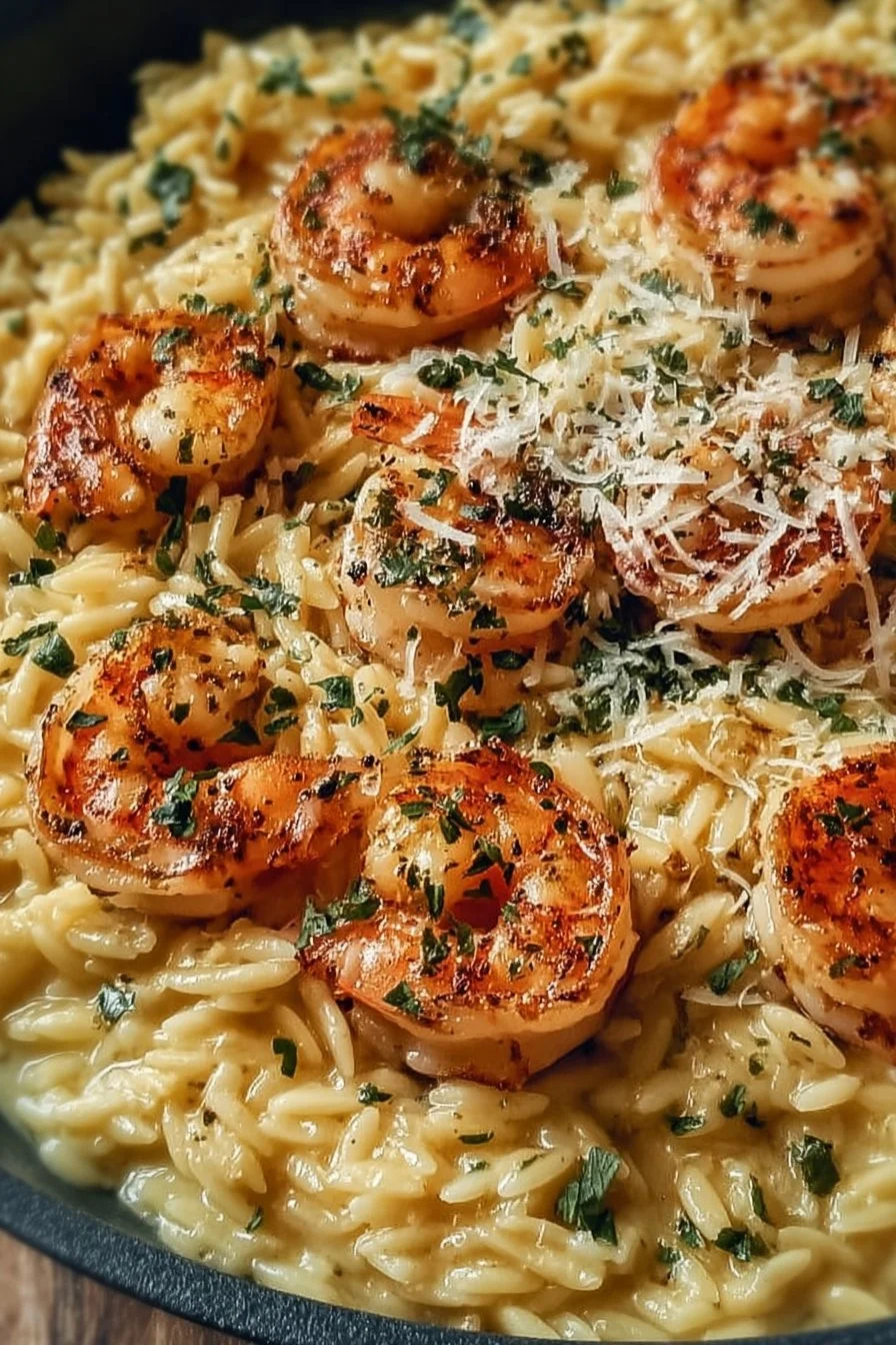 Creamy Parmesan Orzo with Shrimp in a bowl garnished with parsley