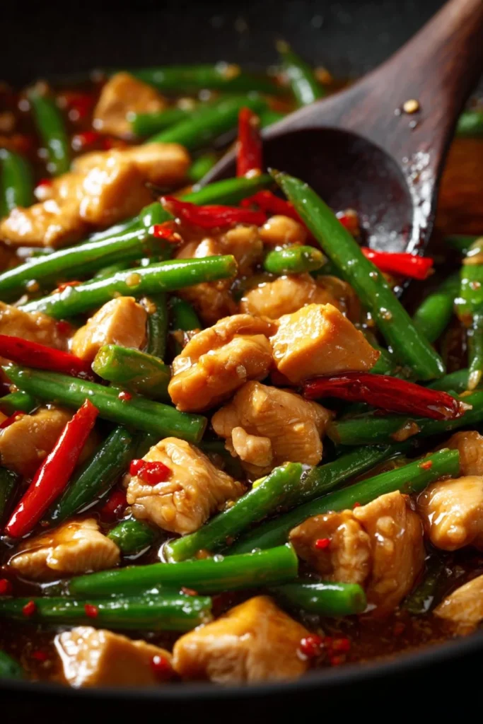 Quick chicken breast served with green beans for a healthy meal.