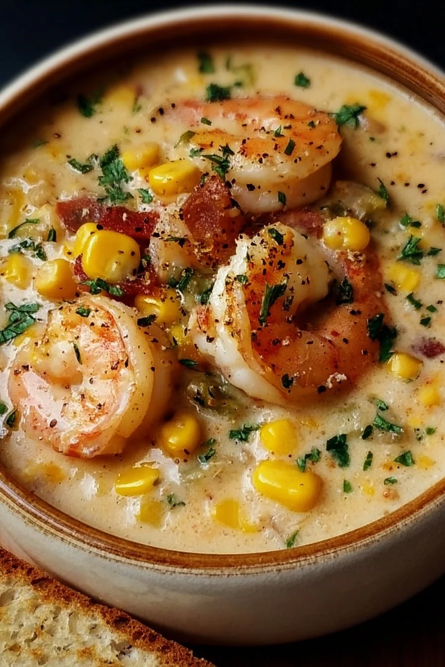 Delicious shrimp and corn chowder in a bowl garnished with herbs