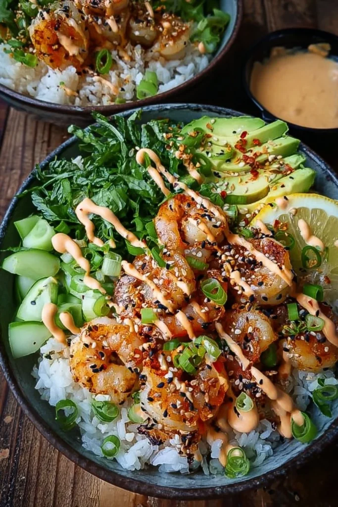 Shrimp rice bowls with spicy mayo garnished with vegetables