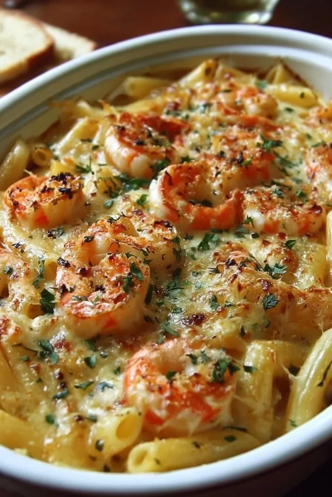 Baked Shrimp Scampi Pasta topped with herbs and cheese