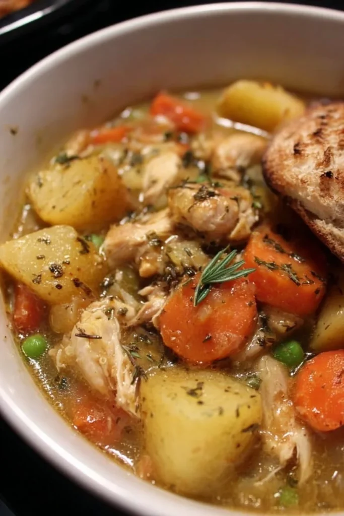 Bowl of delicious slow cooker chicken stew with vegetables and herbs