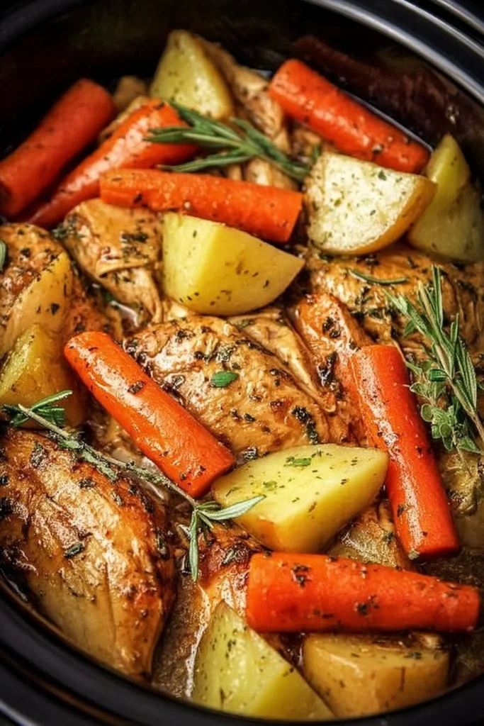 Slow cooker garlic butter chicken with veggies served on a plate.