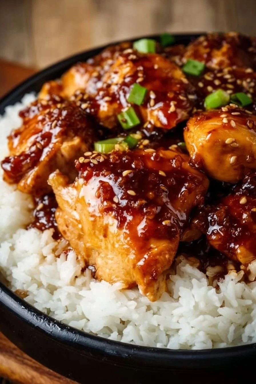Delicious slow cooker honey garlic chicken drizzled with sauce and garnished.
