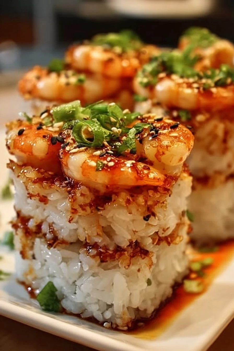 Spicy shrimp sushi stacks with vibrant toppings and garnishes.