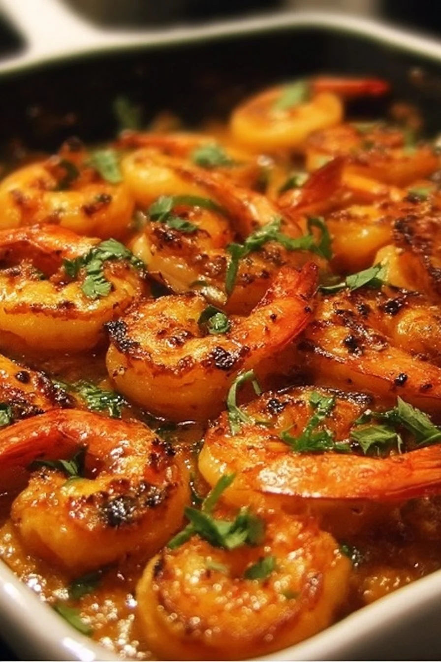 Spicy Voodoo Shrimp served in a bowl with herbs and spices