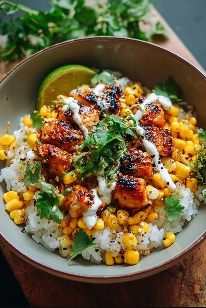 Street Corn Chicken Rice Bowl with grilled chicken and corn on top of rice