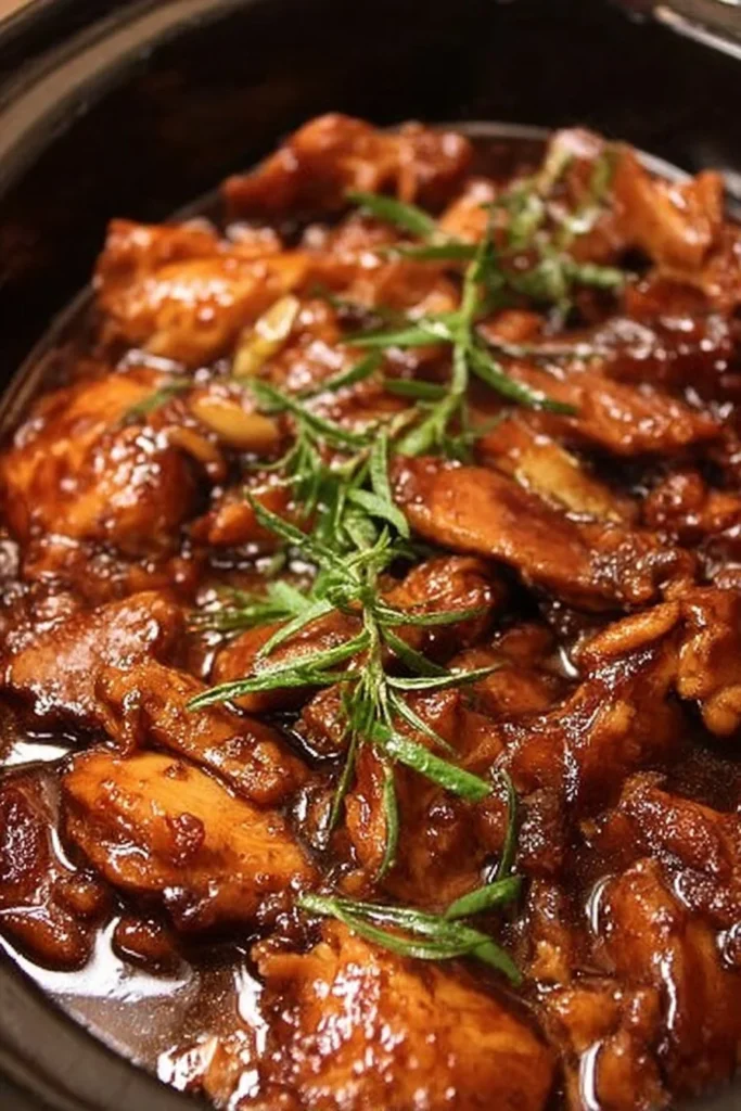 Delicious Crock Pot Bourbon Chicken served with rice and vegetables