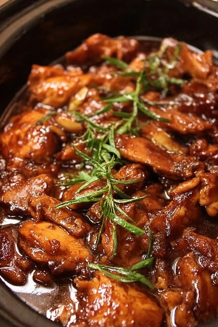 Delicious Crock Pot Bourbon Chicken served with rice and vegetables