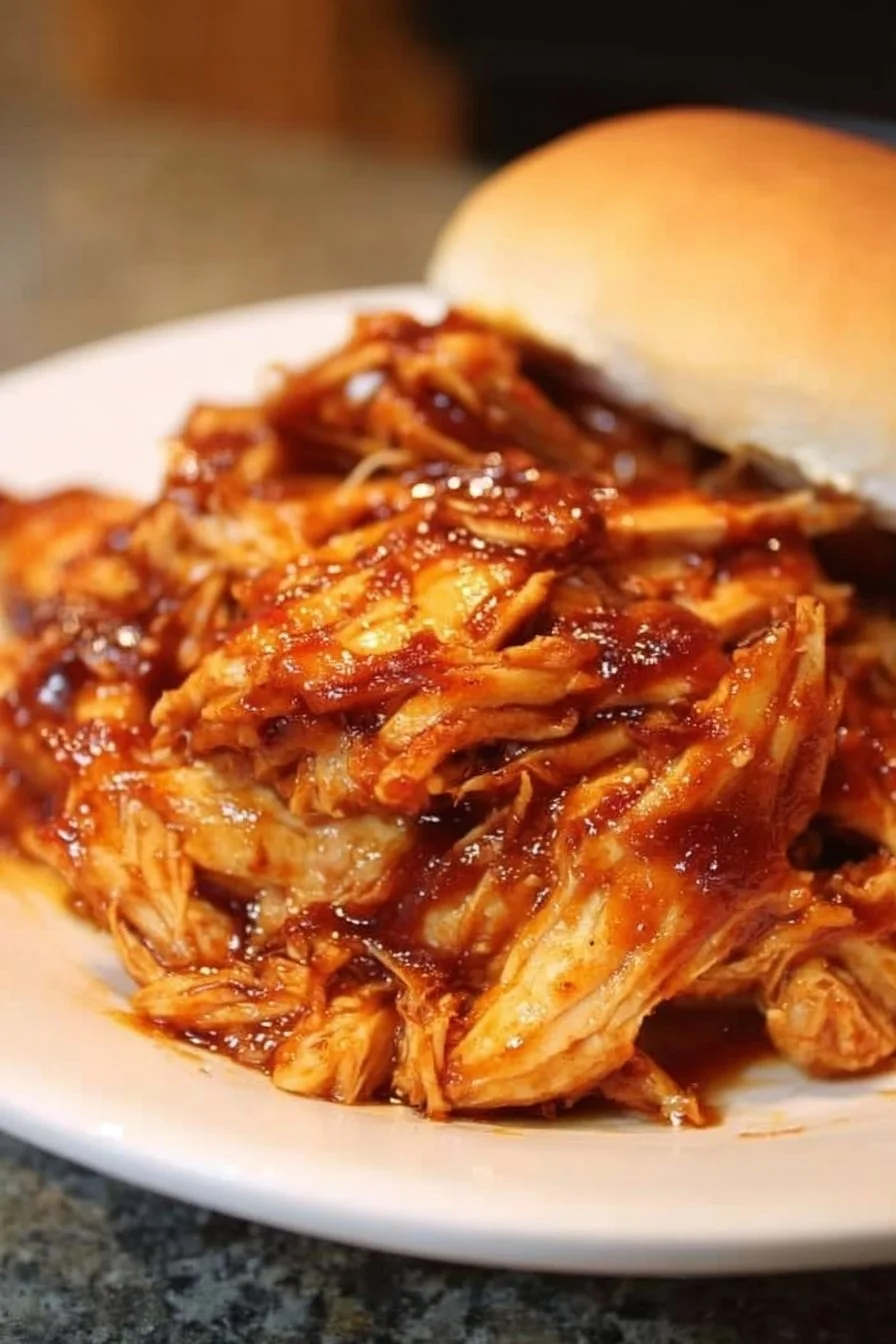 The Best Crockpot BBQ Chicken (Easy Pulled Chicken) 2 Crockpot BBQ chicken dish with tender pulled chicken and barbecue sauce