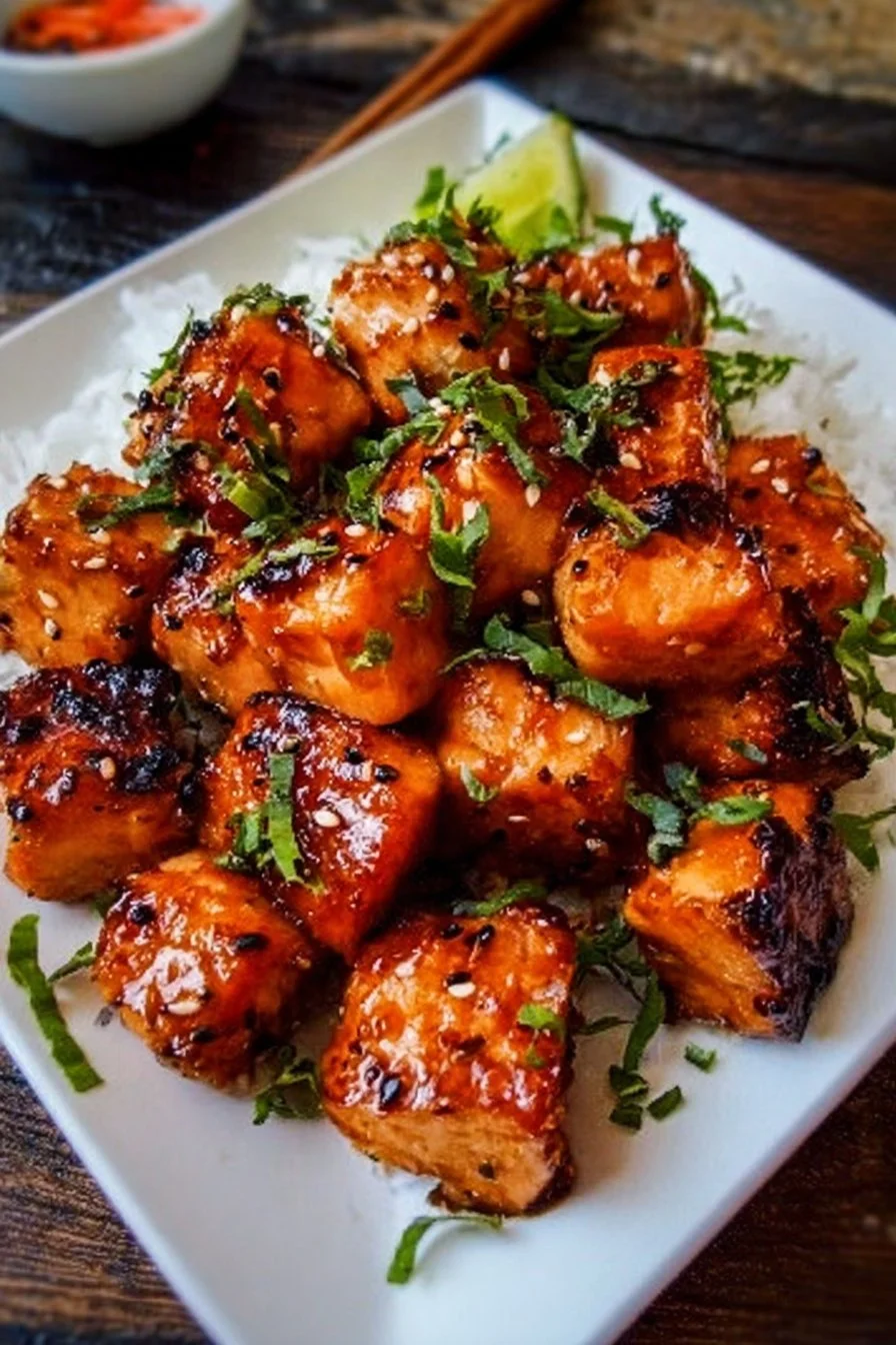 Air Fryer Bang Bang Salmon Bites served with a spicy sauce