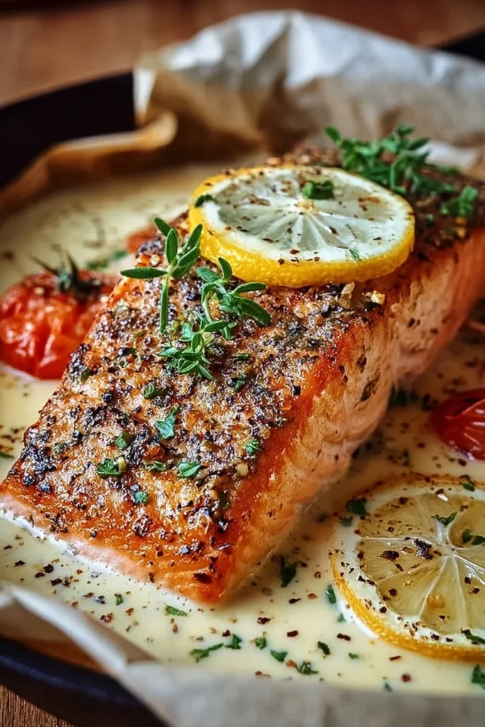Baked Boursin Salmon topped with fresh herbs on a white plate