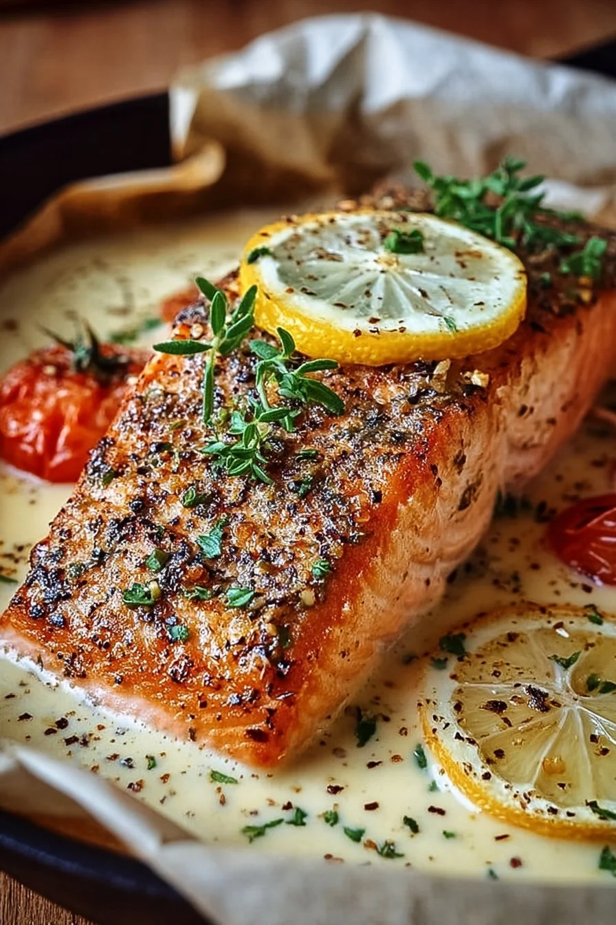 Baked Boursin Salmon topped with fresh herbs on a white plate