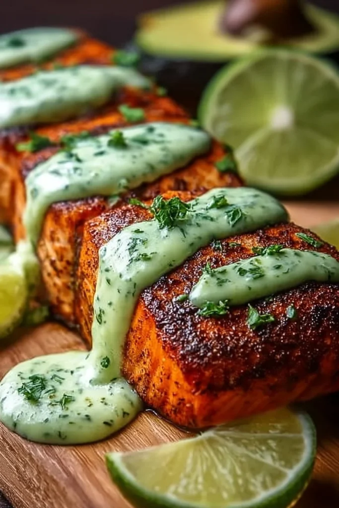 Baked Cajun Salmon with Avocado Lime Sauce garnished on a plate