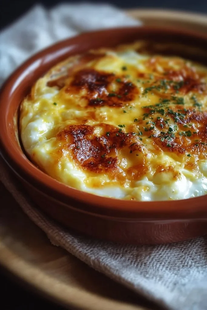 Delicious baked cottage cheese eggs served in a dish.