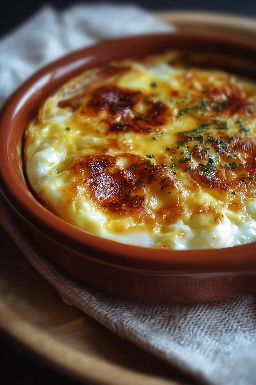 Delicious baked cottage cheese eggs served in a dish.