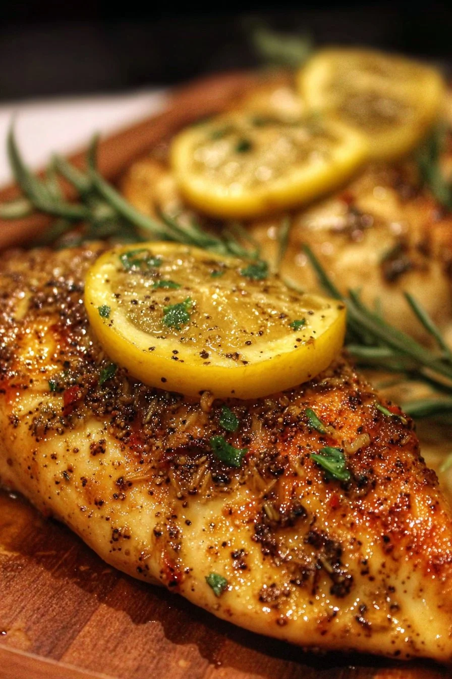 Baked Garlic Lemon Pepper Chicken Breast garnished with fresh herbs