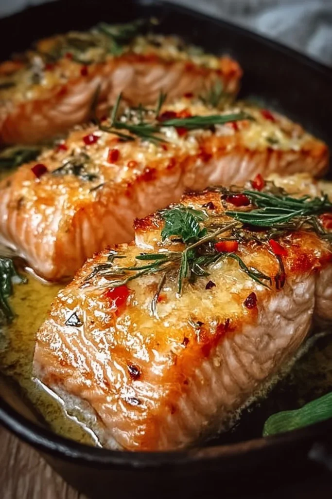 Delicious baked salmon served on a plate with lemon and herbs.