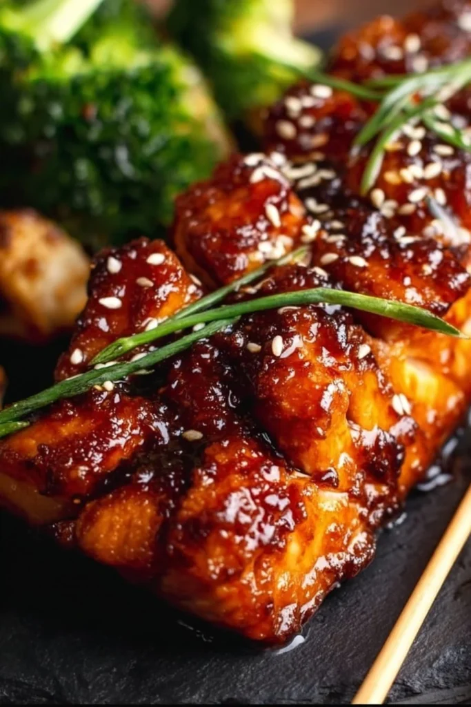 Deliciously baked teriyaki salmon fillet garnished with sesame seeds.